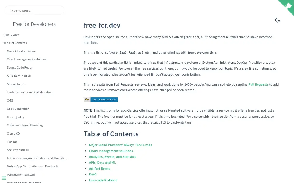 Aperçu de free-for-dev